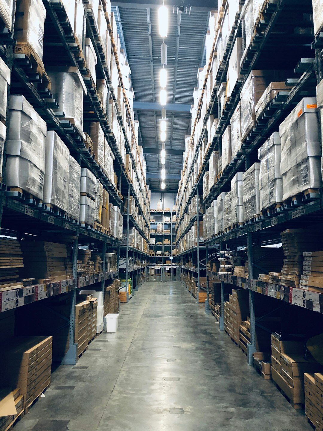 Warehouse with logistics shelves and boxes